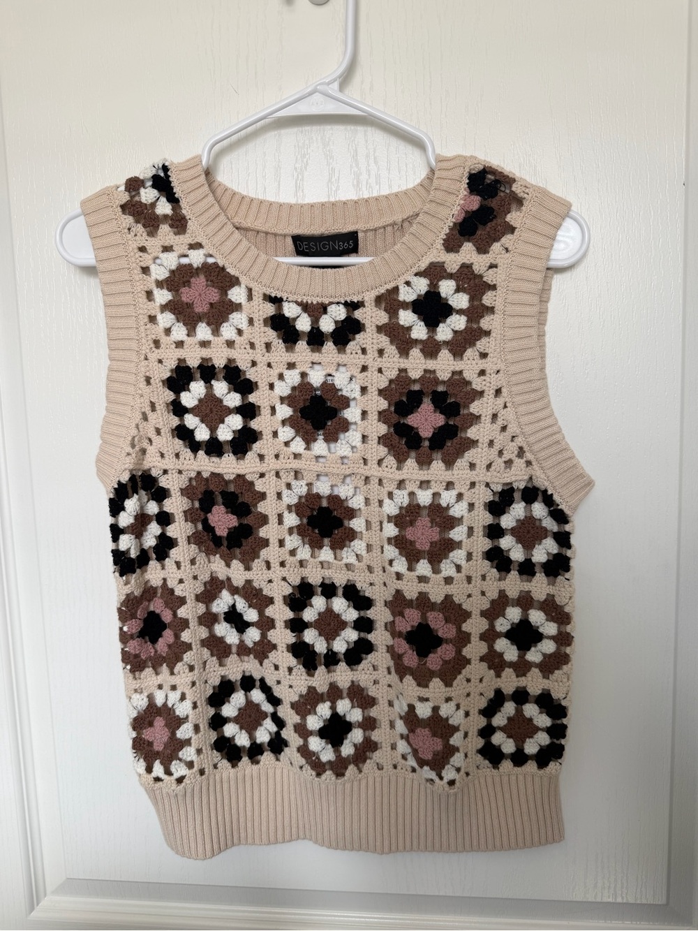 Beige Crochet-Knit Sleeveless Sweater Vest